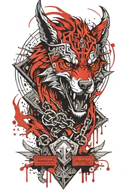 FENRIR HEAD, CHAINS ON THE NECK, SHIELD AND AXES tattoo design idea