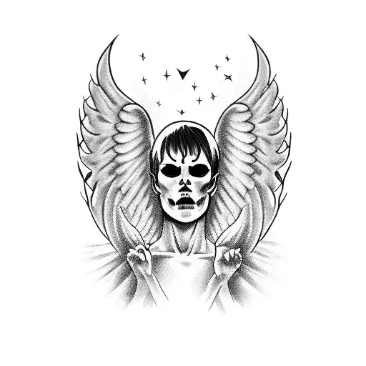 A tombstone with angel wings and the face of Satan tattoo design idea