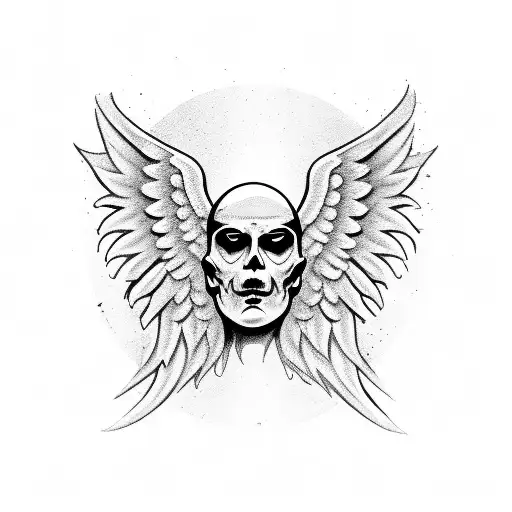 A tombstone with angel wings and the face of Satan tattoo design idea