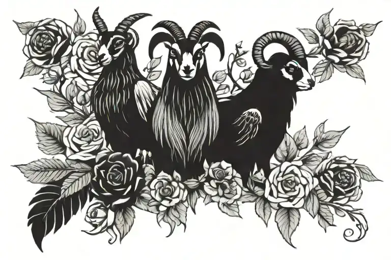 A goat  and an owl standing among the roses  tattoo design idea