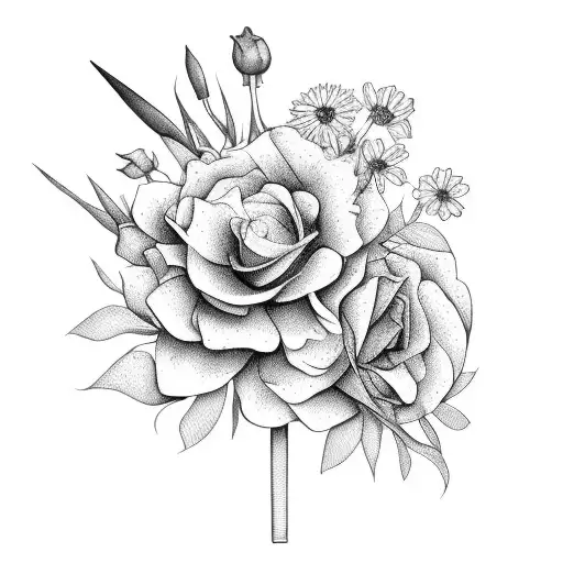 bouquet of flowers with september, march, april, and december  tattoo design idea