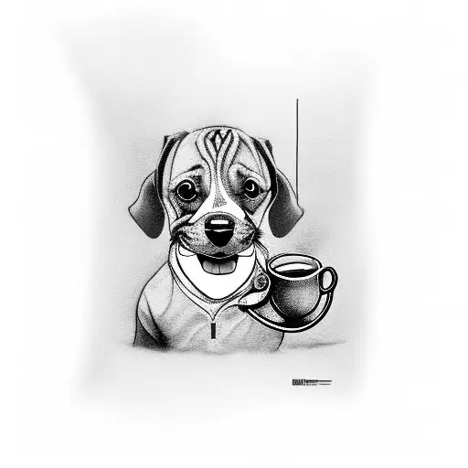 A dog playing tennis with a coffee mug in its mouth tattoo design idea