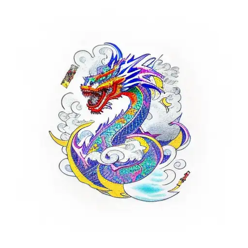 A vibrant and dynamic tattoo featuring a fierce dragon surrounded by cherry blossoms and waves, symbolizing strength and resilience. tattoo design idea
