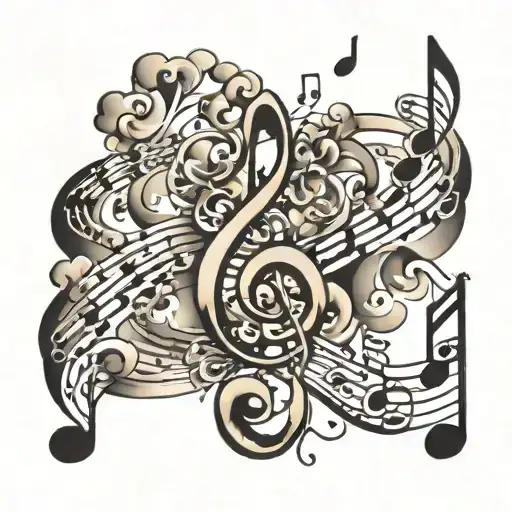 music notes swirling with clouds surrounding tattoo design idea