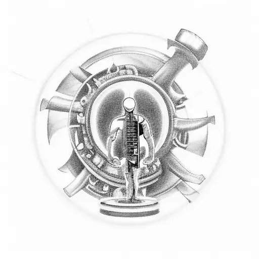 A black and grey portrait of a turbine mechanic, with lungs and kidneys integrated into the background, accompanied by the lyrics 'And if you go, I want to go with you, And if you die, I want to die with you' tattoo design idea