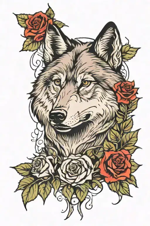 Wolf and three roses tattoo design idea