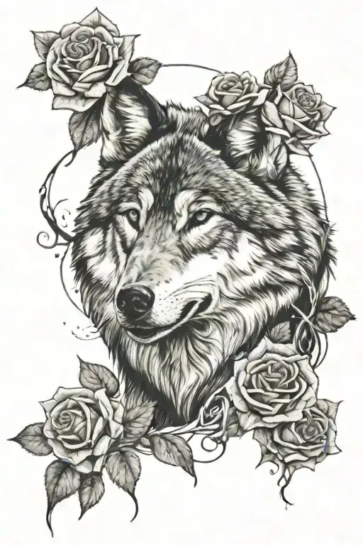 wolf and three roses tattoo design idea