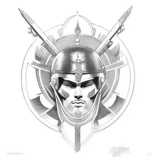 athena with sparta helmet riffles tattoo design idea
