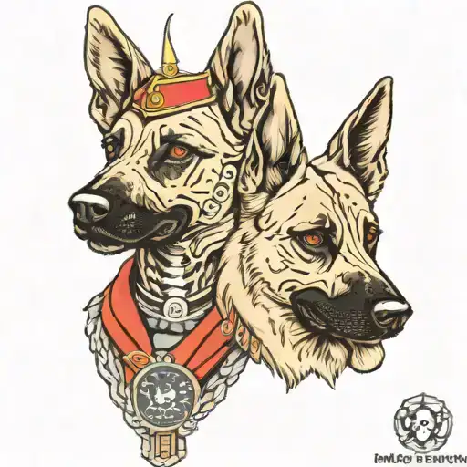 military theme with skulls and belgian malinois military dog tattoo design idea