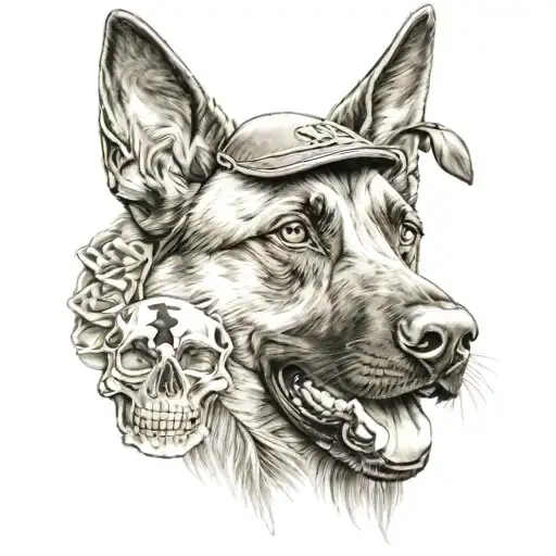 military theme with skulls and belgian malinois military dog tattoo design idea