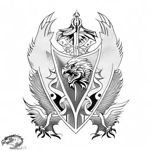 tattoo with sword, griffins, eagles, lions, and a family crest  tattoo design idea