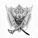 tattoo with sword, griffins, eagles, lions, and a family crest  tattoo design idea