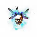 skull and dragonfly on table corner with a clock melting off the side dripping into a galaxy tattoo design idea