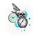 skull and dragonfly on table corner with a clock melting off the side dripping into a galaxy tattoo design idea