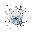 skull and dragonfly on table corner with a clock melting off the side dripping into a galaxy tattoo design idea