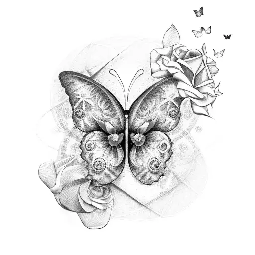 butterfly with rose and heart mixed in tattoo design idea