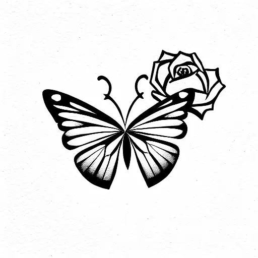 butterfly with heart and rose tattoo design idea