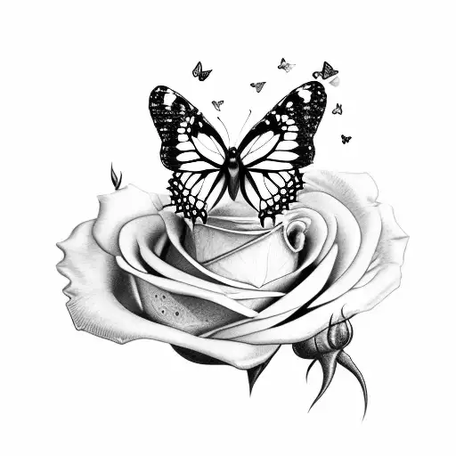butterfly with rose and heart mixed in tattoo design idea