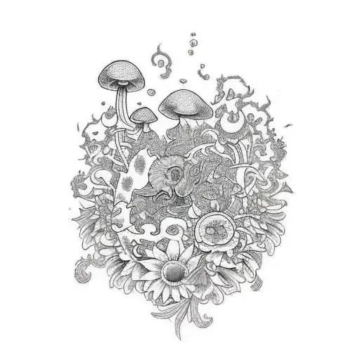 half sleeve with mushrooms and sunflowers in a Japanese style tattoo design idea