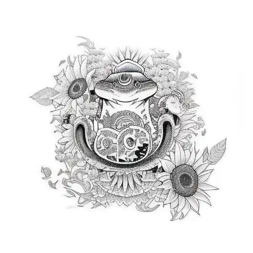 half sleeve with toadstool mushrooms and sunflowers in a Japanese style tattoo design idea