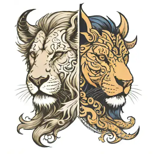 a half lion face and half buffalo split separately in the same image tattoo design idea