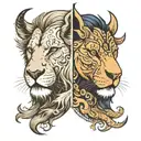 a half lion face and half buffalo split separately in the same image tattoo design idea