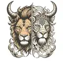 a half lion face and half buffalo split separately in the same image tattoo design idea