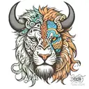 a half lion face and half buffalo split separately in the same image tattoo design idea