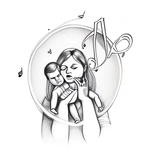 A sketch-style tattoo of a mother holding hands with her son, with musical notes floating around them, representing the client's unwavering support for their autistic child and the power of music in their lives. tattoo design idea