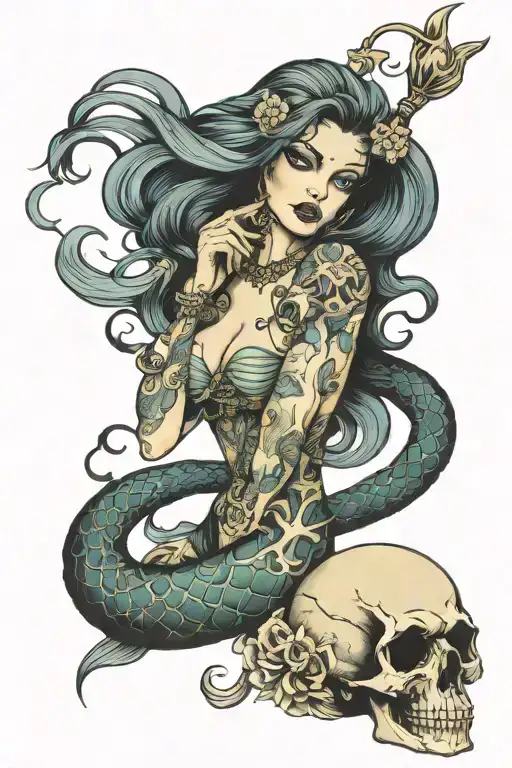 dark anda sexy Mermaid with skull  tattoo design idea