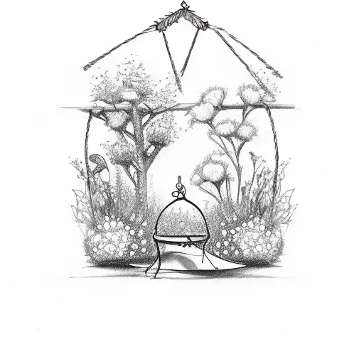 A sketch-style tattoo of a peaceful garden with blooming flowers and a hammock hanging between two trees, representing relaxation and tranquility tattoo design idea