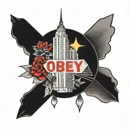 a skyscraper in the background with the words obey, listen, repeat, sleep tattoo design idea