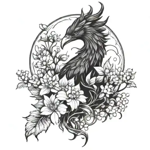A mystical phoenix rising from a field of vibrant hydrangea flowers under a full moon tattoo design idea