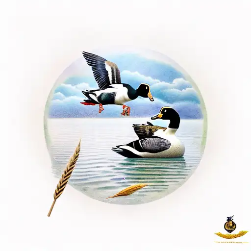 Create a lifelike tattoo with adult magpie geese, three goslings, reeds, and a serene lakeside scene tattoo design idea