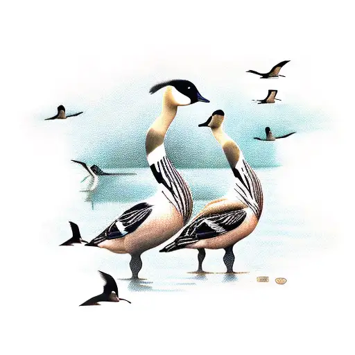 Create a lifelike tattoo with adult magpie geese, three goslings, reeds, and a serene lakeside scene tattoo design idea