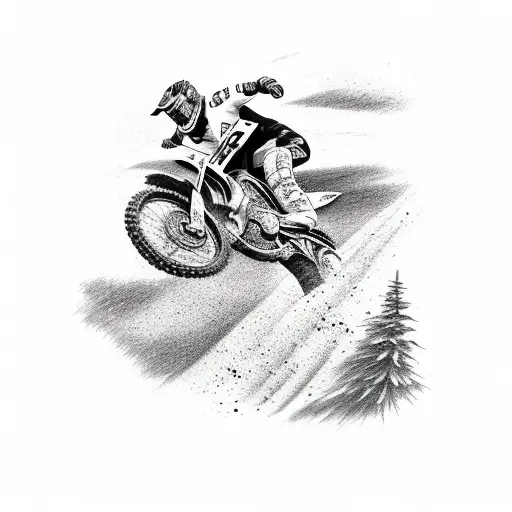 A sketch-style tattoo of a motocross rider jumping over a car in a natural landscape tattoo design idea