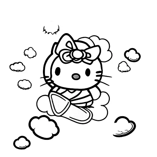 Realistic depiction of Hello Kitty sitting on a cloud made of cotton candy tattoo design idea
