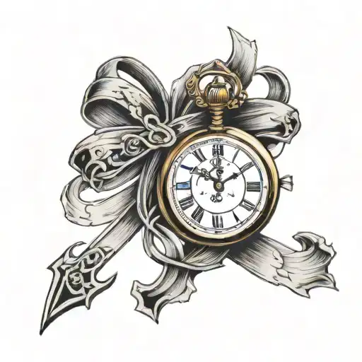 cross with ribbon and pocket watch  tattoo design idea