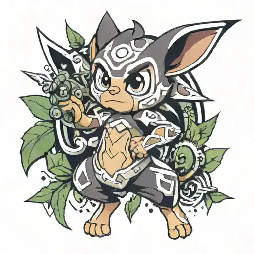fusion tattoo using the pokemon chimchar, aangs tattoo arrows & ben 10 watch  tattoo design idea