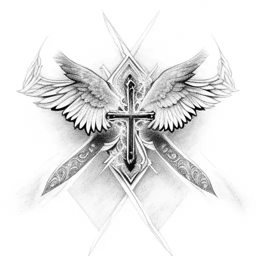 Christian Cross roses wings tattoo design idea