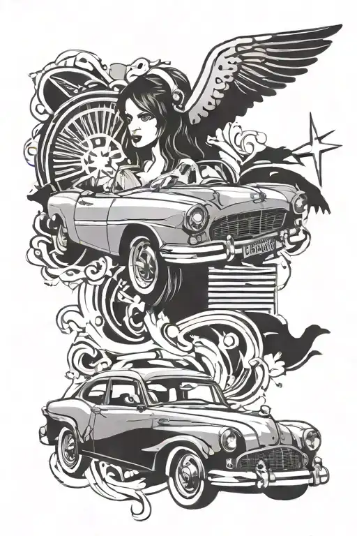 Car girl music tattoo design idea