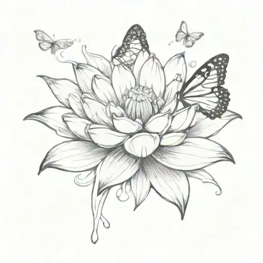 waterlilly with butterfly flying tattoo design idea