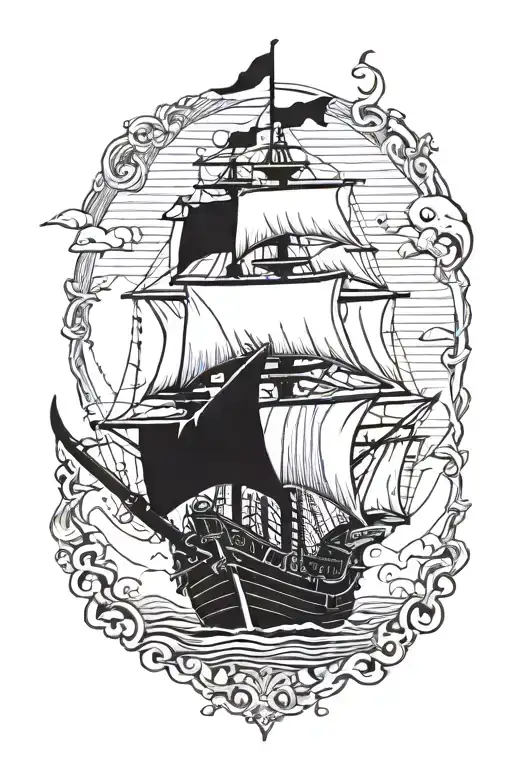 Old pirate ship with one piece anime logo on the sail tattoo design idea