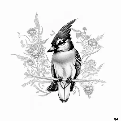 thick blue jay bird with violet and marrigold flower tattoo design idea