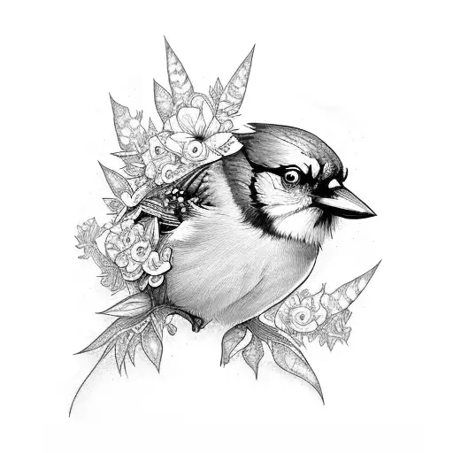 blue jay bird with violet and marrigold flower tattoo design idea