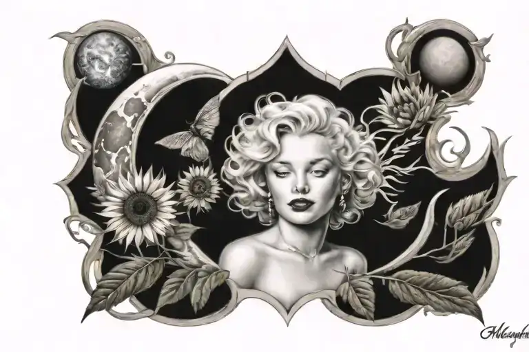 moon, sun, sunflower, goddess, justice, balance, peace, serenity, goodluck, marilyn monroe tattoo design idea