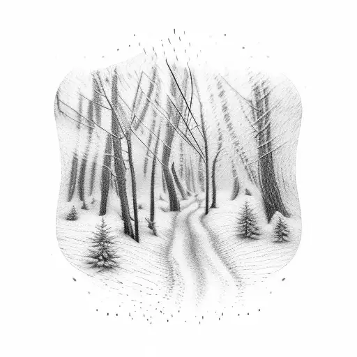 A trail of footprints formed by sewing needles, leading into a forest tattoo design idea