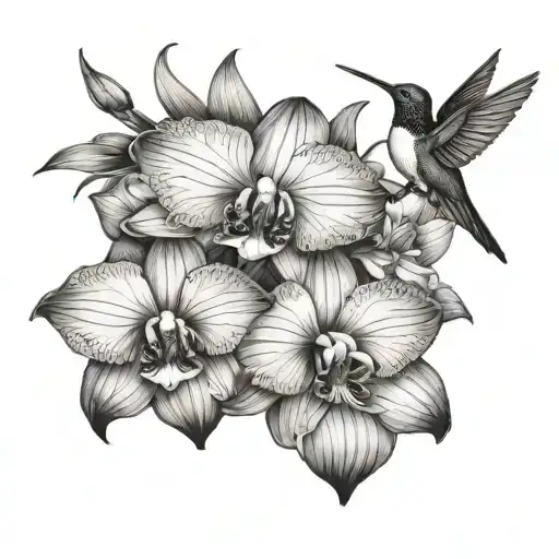 orchids and lilly flower with humming bird  tattoo design idea