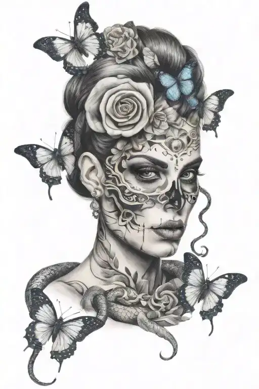 half skull woman face with taurus symbol butterflies and snakes tattoo design idea
