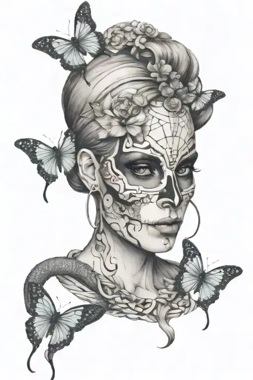 half skull woman face with taurus symbol butterflies and snakes tattoo design idea